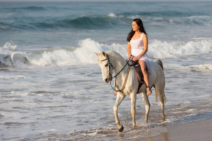 a person riding a horse on a beach